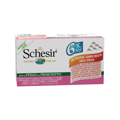 Schesir Kat Mp Blik Gelei 6x50 g - Kattenvoer - Kipfilet&Ham - natvoer katten