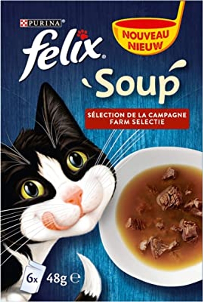 Felix Soup Farm Selectie Kattensoep in de smaken Rund, Kip en Lam, 6 x 48g - Doos van 4 24 Portiezakjes; 1,15kg - natvoer katten