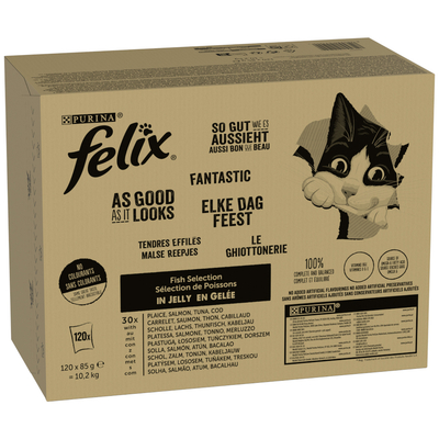 Voordeelpakket Felix "Zo Goed Als Het Eruit Ziet" Gelei 120 x 85 g - Tonijn, Zalm, Kabeljauw en Schol (120 x 85 g) - natvoer katten