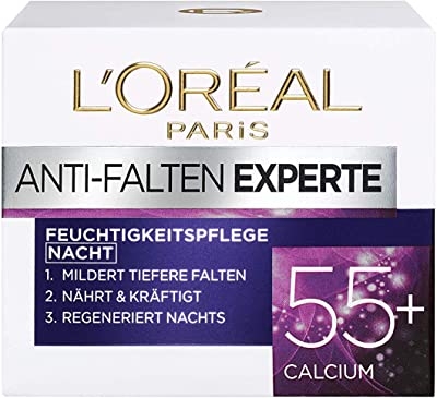 L'Oréal Paris Nachtverzorging voor het gezicht, vochtinbrengende anti-aging nachtcrème met calcium ter vermindering van rimpels, anti-rimpel expert 55+, 1 x 50 ml