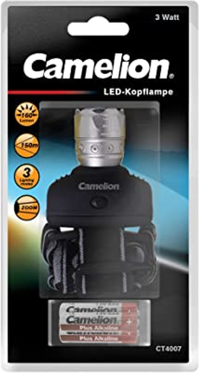 Camelion 3 Watt koplamp CT4007, 3 verschillende LED-modi, inclusief 3 batterijen AAA R03 30200023