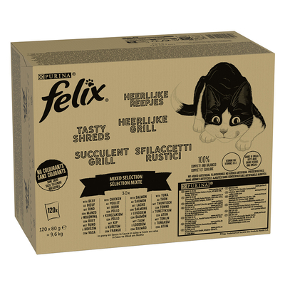 Jumbopack Felix "Tasty Shreds" Zakjes 120 x 80 g - Gemengde selectie in saus - natvoer katten