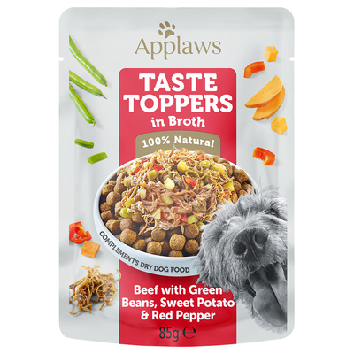Applaws Taste Toppers Pouch in Bouillon 12 x 85 g Hondenvoer - Rund met groene Bonen, Zoete Aardappel & rode Paprika - natvoer honden