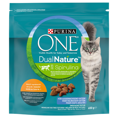 Purina ONE Dual Nature Adult Kip met spirulina Kattenvoer -  Dubbelpak: 2 x 650 g - kattenbrokken