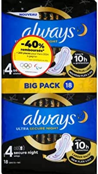 Always Ultra maandverband, maat 4, Secure Night, 18 stuks
