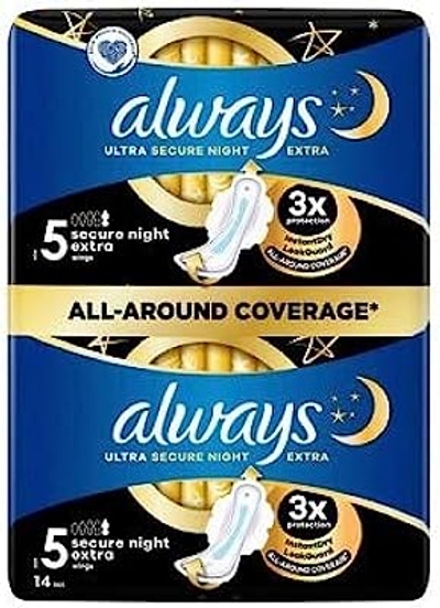 Always Ultra maandverband Secure Night Extra maat 5 vleugels 14 stuks, super absorberend en ultradun, voor menstruatie