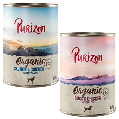 Purizon Organic 6 x 400 g Hondenvoer - Mixpaket 2: 3 x Eend en kip met courgette  3 x Zalm en kip met spinazie - natvoer honden