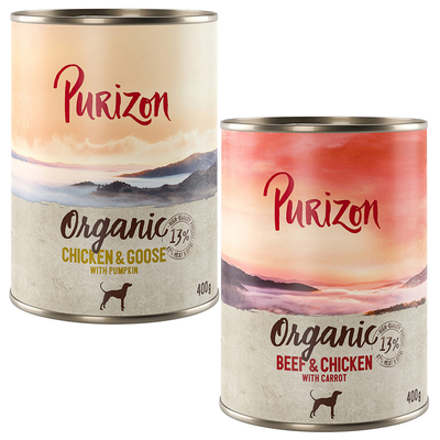 Purizon Organic 6 x 400 g Hondenvoer - Mixpakket 1:  3 x Rund en kip met wortel 3 x Kip en gans met pompoen - natvoer honden
