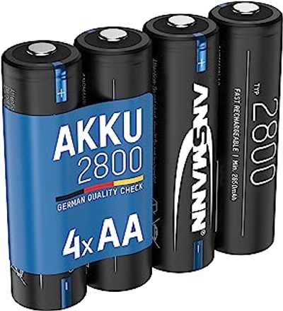 ANSMANN Accu AA 2.800 mAh NiMH 1,2 V - oplaadbare penlitebatterijen AA, hoge capaciteit, ideaal voor een hoog stroomverbruik bij op afstand best. voertuigen, keyboard, wildcamera, flitsapp. 4 stuks