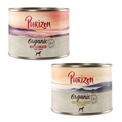 Dubbelpakket Purizon Organic 12 x 200 g - Voordeelpakket 1: 6 x Rund en kip, 6 x Kip en gans - natvoer honden