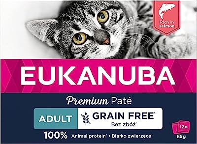 EUKANUBA Kattenvoer, nat, granenvrij, premium natvoer met veel zalm, voor volwassen katten, 12 x 85 g - kattenbrokken