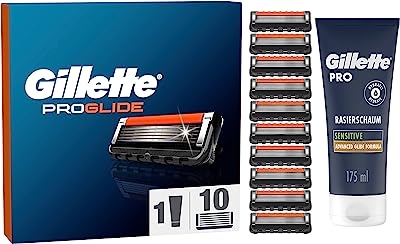 Gillette ProGlide Scheermesjes Voor Mannen, 10 Scheermesjes Voor Een langdurig Gladde Scheerbeurt, Gillette PRO Sensitive Scheerschuim 175 ml, Voor Heren