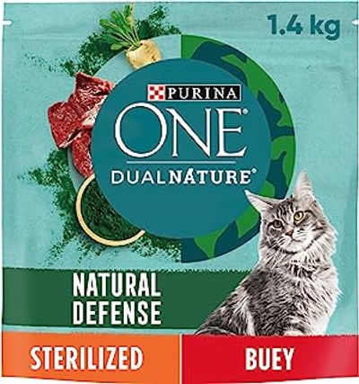 Purina ONE Dual Nature Gesteriliseerd kattenvoer met spirulina en os, 6 zakken à 1,4 kg - kattenbrokken