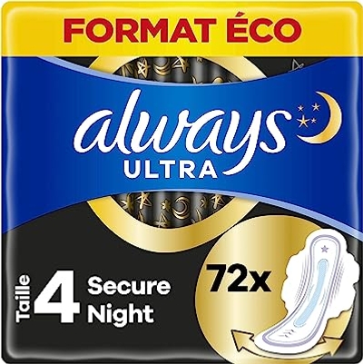 Always Ultra Binden dames maat 4, Secure Night, 72 maandverband met vleugels 6 x 12 stuks maandpakket, ultradun en super absorberend