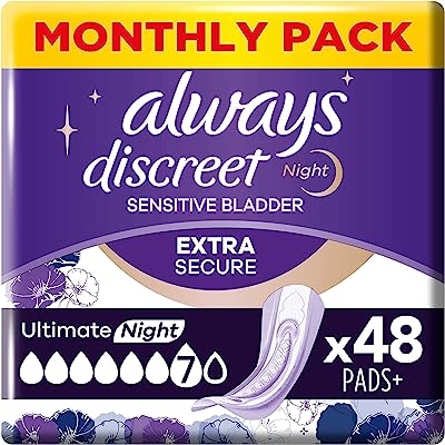 Always Discreet Incontinentie-inlegzolen Plus Ultimate Nacht, 48 maandverbanden 4 x 12 stuks voor dames, sterke bescherming die je nauwelijks voelt