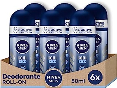 Nivea Men Cool Kick Roll-On deodorant anti-transpirant voor heren, 6 x 50 ml, met Cool-Care formule, deodorant rol voor 48 uur frisheid