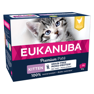 Inhoud: 24x85g Eukanuba Kitten Grain Free Kip Nat Kattenvoer - natvoer katten