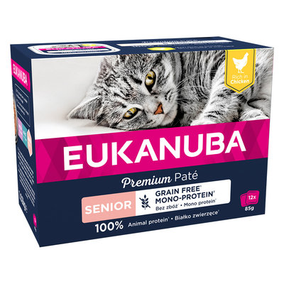 Voordeelverpakking: 24x85g Eukanuba Senior Grain Free Kip Nat Kattenvoer - natvoer katten