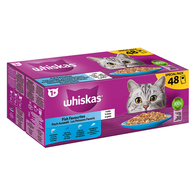 48 x 85 g Visselectie in gelei: Zalm, Tonijn, Kabeljauw, Witvis Whiskas +1 kattenvoer - natvoer katten