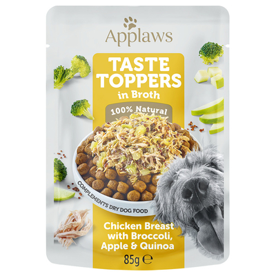 Applaws Taste Toppers Pouch in Bouillon 24 x 85 g Voordeelpakket Hondenvoer - Kip met Broccoli, Appel en Quinoa - natvoer honden