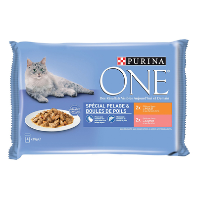 Purina One 24 x 85 g Voordeelpakket Kattenvoer - Coat & Hairball Kip en Zalm - natvoer katten