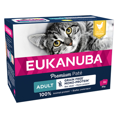 Inhoud: 48x85g Eukanuba Grain Free Adult Kip Nat Kattenvoer - natvoer katten