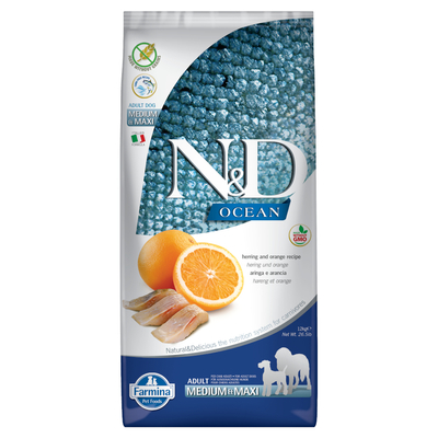 2x12kg Farmina N&D Ocean Graanvrij Haring & Sinaasappel Adult Medium & Maxi Hondenvoer Droog - hondenbrokken