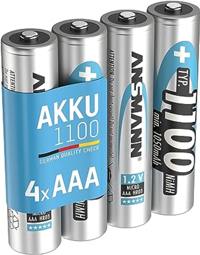 ANSMANN Accu AAA 1.100 mAh min. 1.050 mAh NiMH 1,2 V 4 stuks - oplaadbare potloodbatterijen AAA, hoge capaciteit voor een hoog stroomverbruik