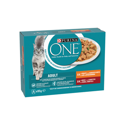 Purina ONE Adult Fijne Malse Reepjes in Saus - Kip/Rund - 8 x 85 g - natvoer katten