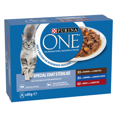 8x 85g Gemengd Pak Purina ONE Gesteriliseerd Kat Eend, Rund, Sardine Nat Kattenvoer - natvoer katten