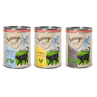 Probeerpakket Feringa Classic & Single Meat 6 x 400 g / 410 g Classic Meat Mixpakket 4: Gevogelte, Lam & Konijn, Zalm & Kalkoen (6 x 400 g) - natvoer katten