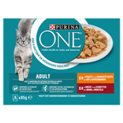 Purina ONE Fijne Malse Reepjes in Saus Kip - Rund 8 x 85 gr