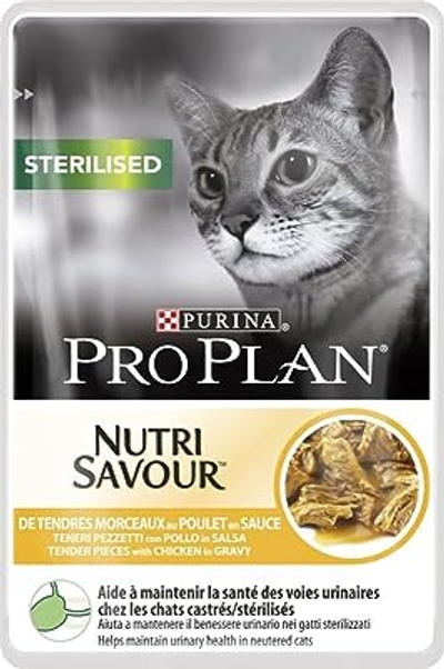 Pro Plan Nutrisavour Sterilised Natte kat in saus met kip, 26 verpakkingen van 85 g - natvoer katten
