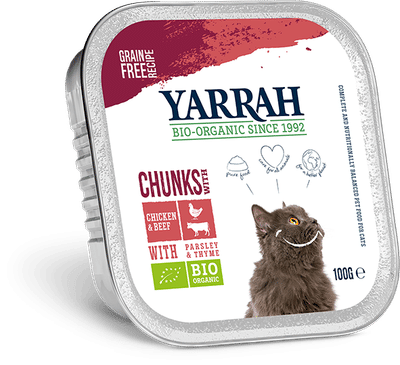 Yarrah natvoer kat kuipje Chunks graanvrij bio kip & rund 16x100gr - natvoer katten