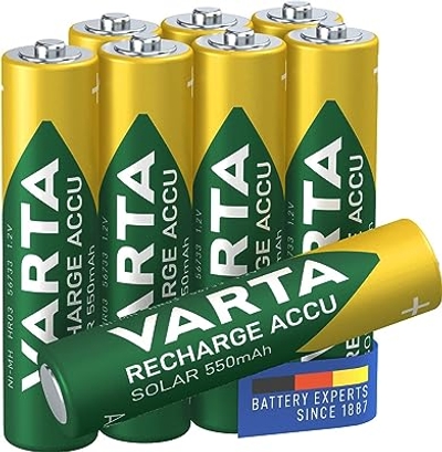 VARTA Batterijen AAA, oplaadbaar, verpakking van 8, Recharge Accu Solar, oplaadbare batterij, 550 mAh Ni-MH, gebruiksklaar, ontwikkeld voor tuinverlichting op zonne-energie