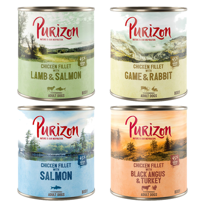 Purizon Adult 6 x 800 g  - Mixpakket (2x Black Agnus, 2x Lam, 1x Zalm, 1x Wild) - natvoer honden