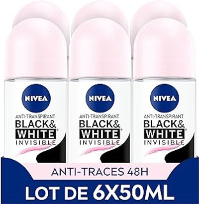 NIVEA Black & White Deo Ball 6 x 50 ml, deodorant anti-transpiratie bal voor dames, deodorant voor vrouwen, anti-witte deodorant met alcoholvrije formule