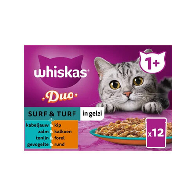 Whiskas 1+ Natvoer - Duo - Surf & Turf in Gelei - 12 x 85 gram - natvoer katten