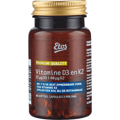 Etos Premium Vitamine D3 en K2 bevat 25ug D3 en 40ug K2 60 stuks