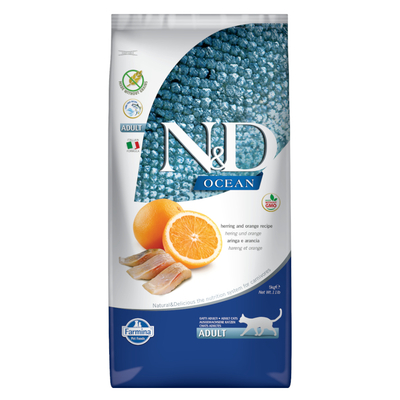 2x 5kg N&D Ocean Graanvrij Haring en Sinaasappel Adult Farmina Droogvoer voor katten - kattenbrokken