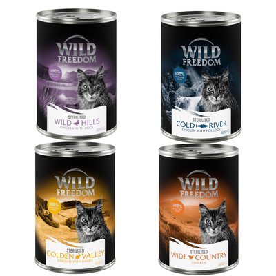 Wild Freedom Adult Sterilised 6 x  400 g - Graanvrij - Gemengd pakket (2 x Kip puur, 2 x Koolvis, 1 x konijn, 1 x eend) - natvoer katten