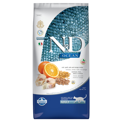 Farmina N&D Ocean Kabeljauw, Spelt, Haver en Sinaasappel Adult Kattenvoer  - Voordeelpakket 3 x 5 kg - kattenbrokken