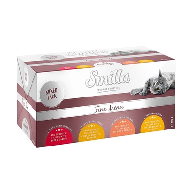Smilla Fine Menu met Fijnproevers Vulling 8 x 100 g - Mixpakket (4 Soorten) - natvoer katten