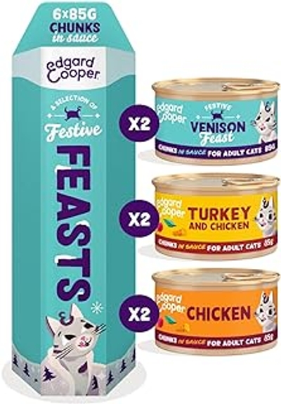 Edgard & Cooper Cat Feast Brokken in Saus voor Volwassen Gesteriliseerde of Actieve Katten Natuurlijk Graanvrij Natvoer Multipack 85g x 6 Hert/Kip/Kalkoen Gezond, Smakelijk en Feestelijk Voedsel - natvoer katten