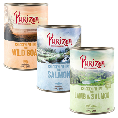 Purizon Adult 24 x 400 g Graanvrij Kattenvoer - Mixpakket (12 x Zalm, 6 x Wild Zwijn, 6 x Lam) - natvoer katten