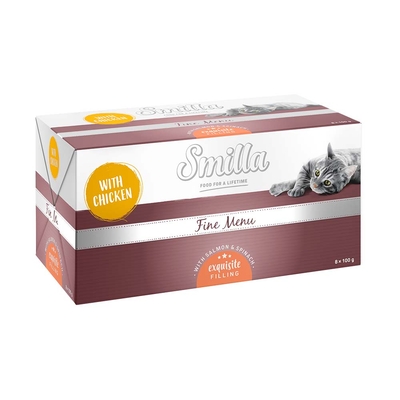 Smilla Fine Menu met Voortreffelijke Vulling 24 x 100 g - Kip, zalm en spinazie - natvoer katten