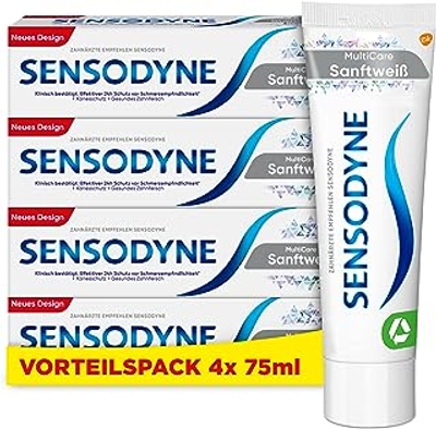 Sensodyne MultiCare Tandpasta, zacht wit, 4 x 75 ml, dagelijkse tandpasta met fluoride, voor pijngevoelige tanden