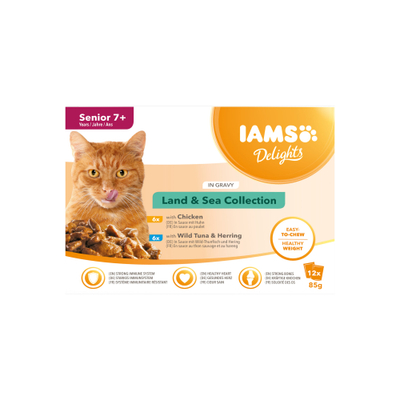 IAMS Delights Senior Cat Natvoer - Land & Sea Collection - Saus - 12 x 85 g - natvoer katten