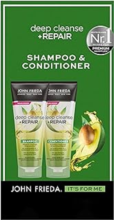 John Frieda Deep Cleanse & Repair Set - Shampoo, 250 ml & Conditioner, 250 ml - Haartype: beschadigd, gestrest - Verzorging en onmiddellijke regeneratie - Met voedende avocado