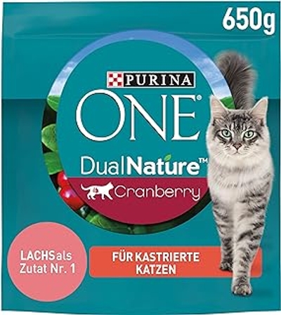 Purina One Dual Nature Kattenvoer droog voor gecastreerde katten met cranberry, rijk aan zalm, 6 x 650 g - kattenbrokken